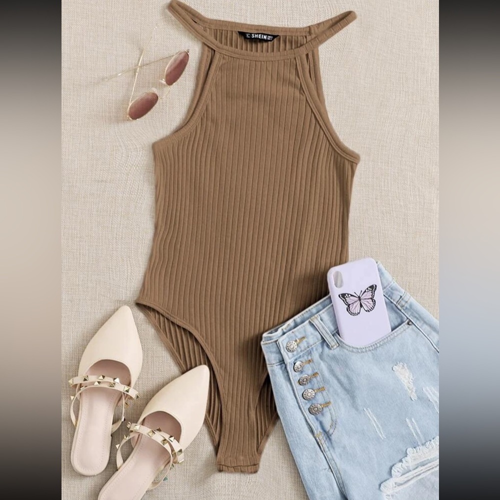 Brown Fitted Ribbed Bodysuit